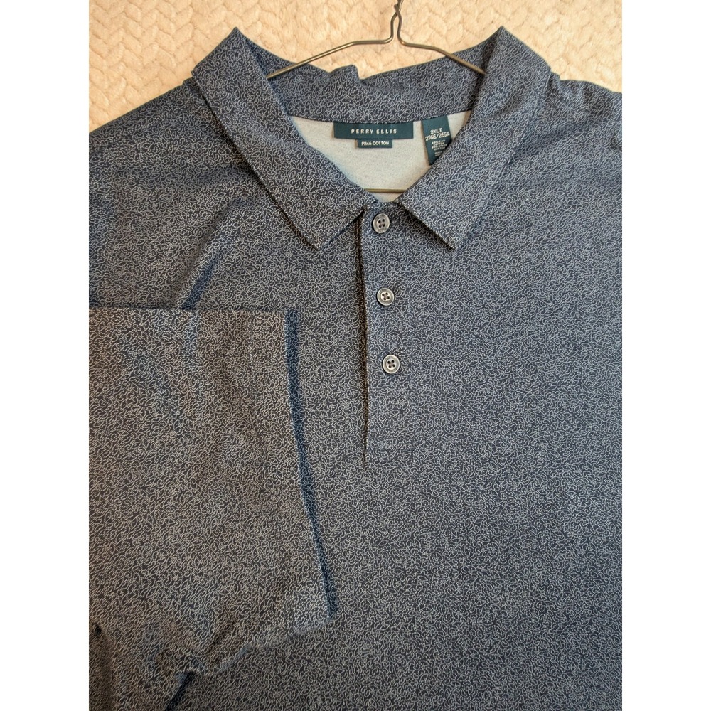 Perry Ellis Pima Cotton Polo Shirt 2XLT Blue Patterned Short Sleeve Mens - Picture 3 of 8